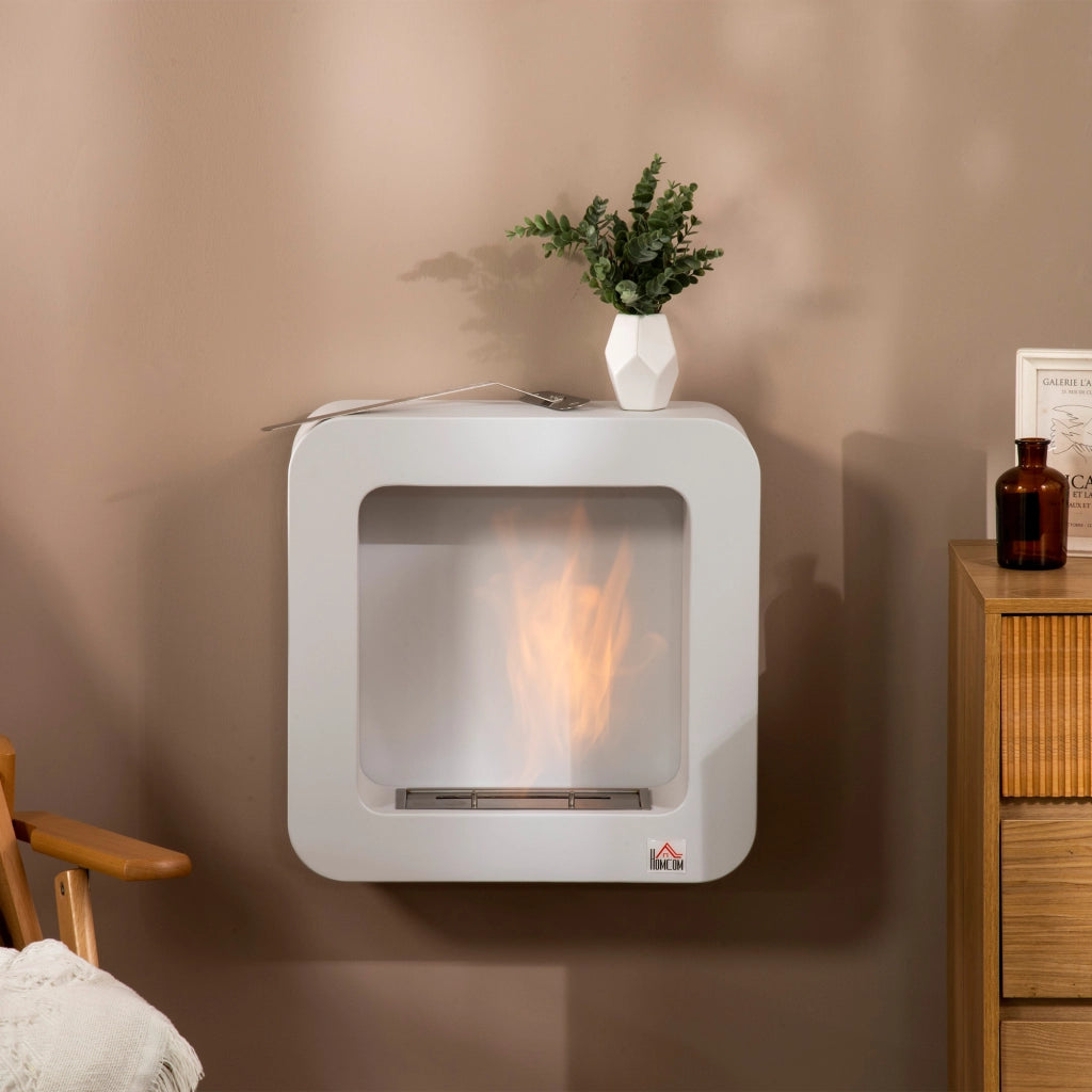 Easycomfort Camino Bioetanolo a Parete in Metallo da 2.5h di Combustione con Serbatoio 1.5L e Copertura 20m², 48x18x48 cm, Bianco