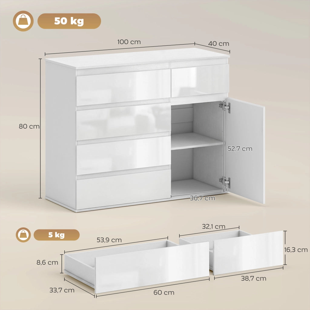 Sideboard con 5 cassetti e scaffale regolabile ¨C Minimal ¨C bianco lucido