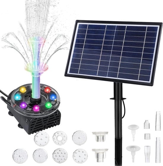 Pompa per Fontana Solare a LED 7W con Batterie - Doppia Fontana Pomp - Pomp per Acqua per Giardino e Piccolo Laghetto - Altezza Massima di Proiezione dell'Acqua 085 m - 230 l/h pompa solare per fontana