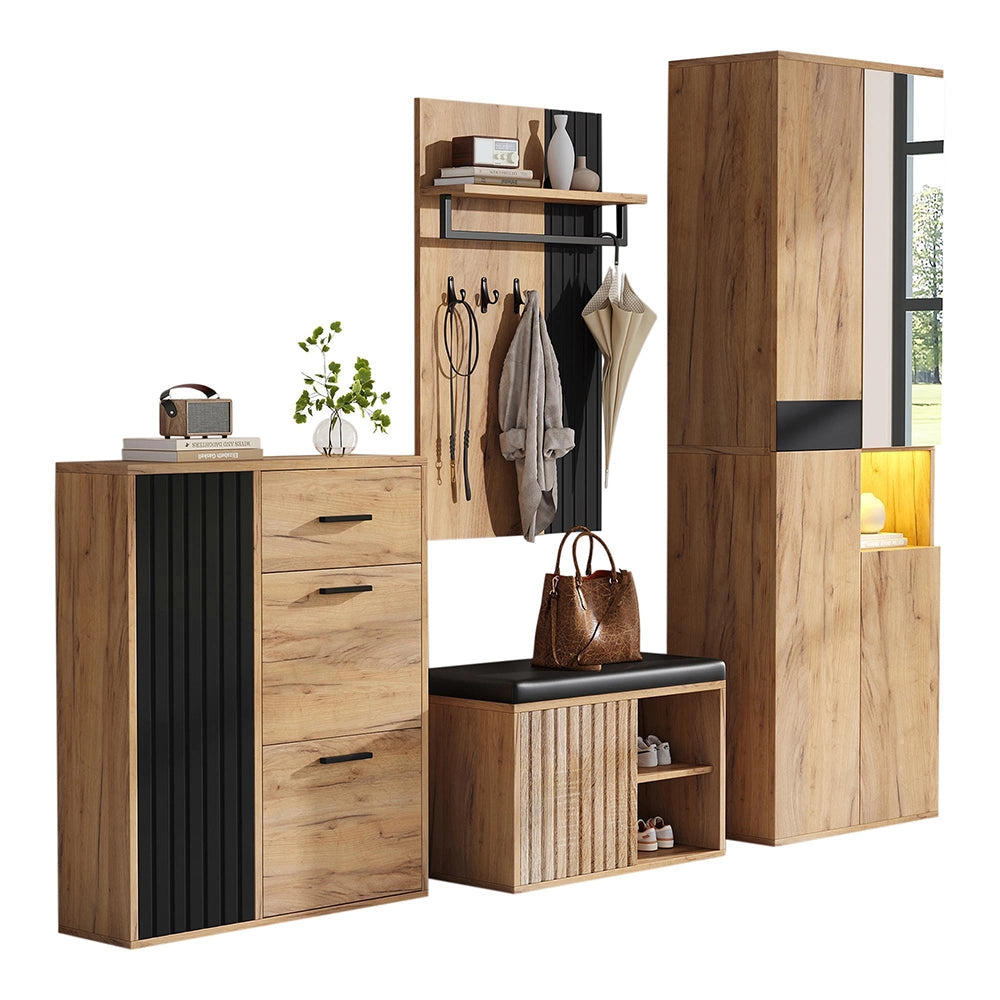 Set vestiario a muro 4 pezzi - Xylo - armadio, scarpiere, panchina, appendiabiti, 215x36x190 cm, naturale e nero