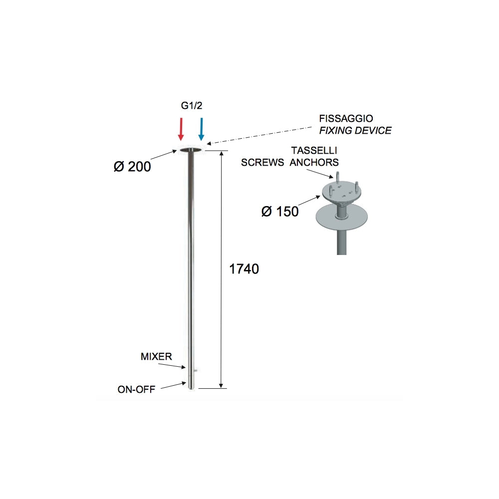 Miscelatore monocomando da soffitto 181 cm in ottone cromato minimal