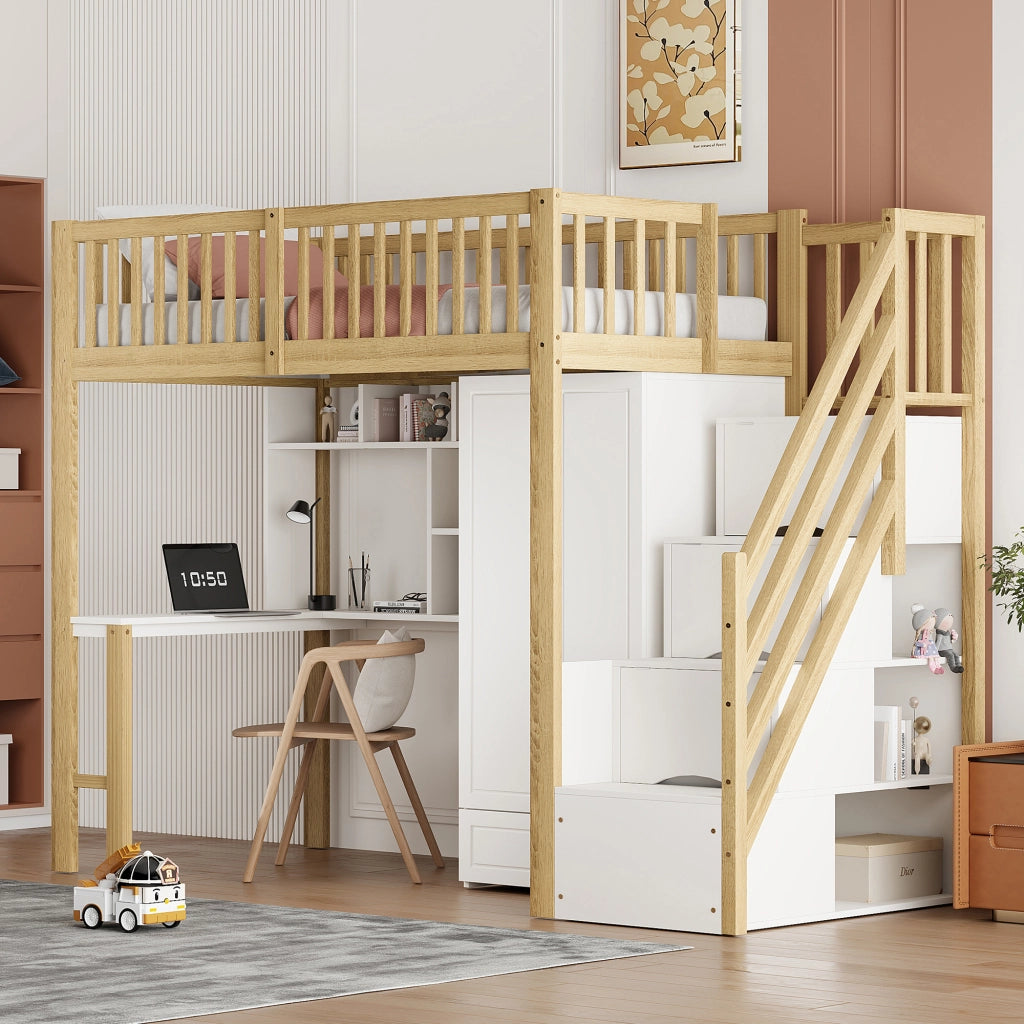 Letto a soppalco; letto singolo con armadio; scrivania; scaffale e scala con cassetti; 90 x 200 cm; senza materasso