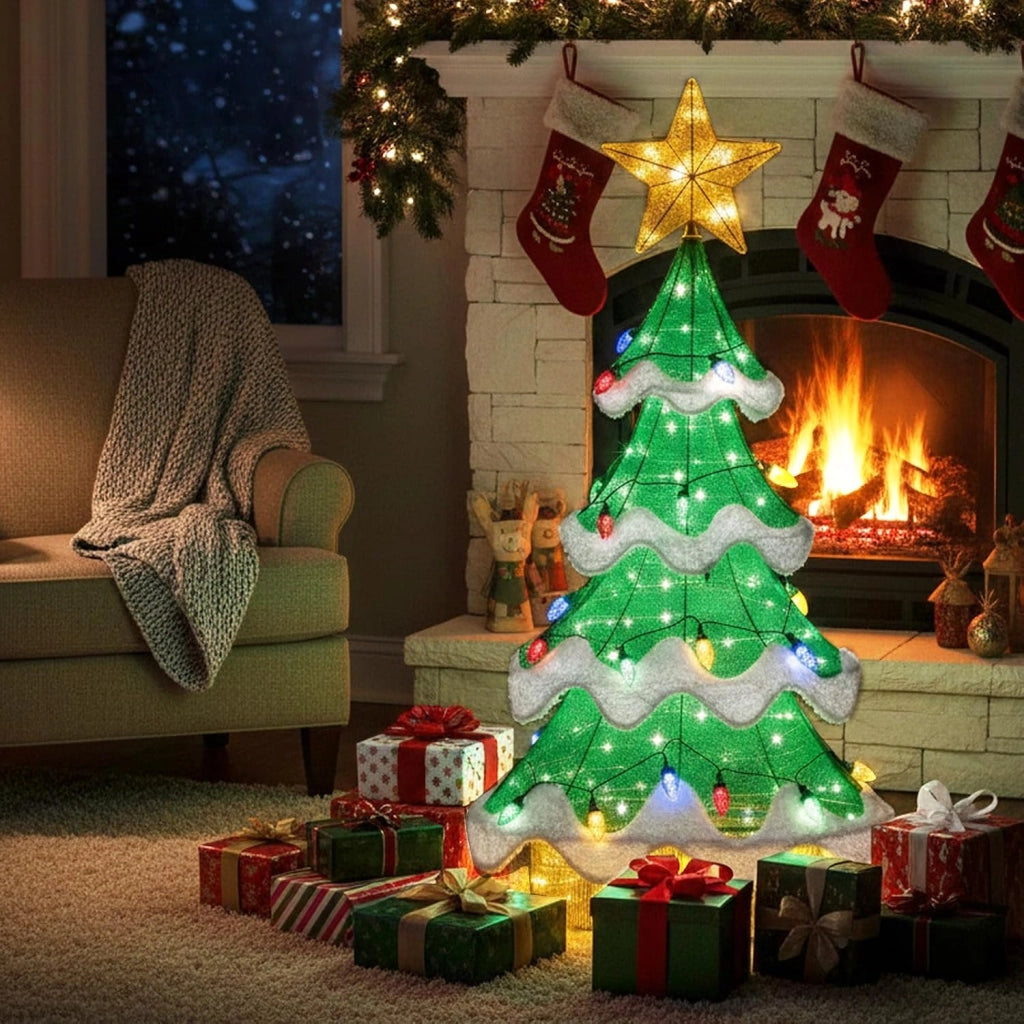 Albero di Natale Illuminato 157 cm, Albero 3D in Rete Esterni e Interni con 34 Luci Colorate a Forma di Fragola, Luci LED Verdi e Giallo Caldo, Decorazione Natalizia per Giardino e Cortile