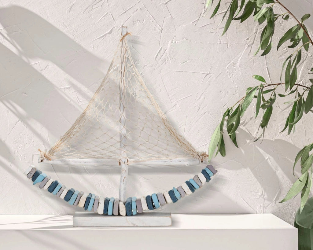Scultura Barca a Vela in Legno con Rete in Tessuto 45x45 cm - BOAT