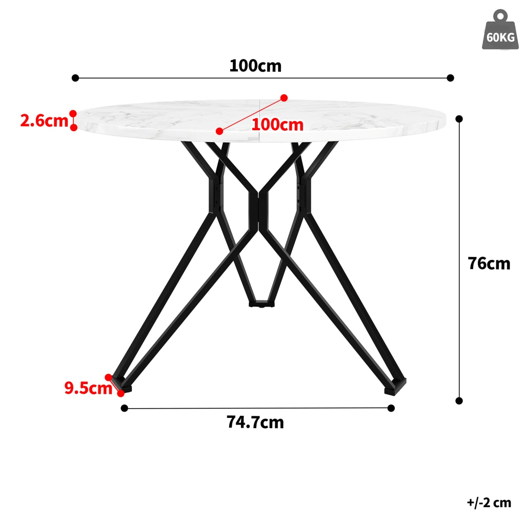 Tavolo da Pranzo Rotondo per 4 Persone con Piedini Regolabili; in MDF e Metallo; Nero; 100 x 100 x 76 cm