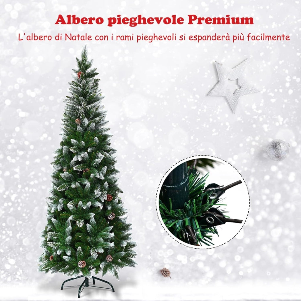 Albero di Natale Innevato 180/220 cm, Albero di Natale Slim con Pigne, Base di Metallo e Rami Rigogliosi in PVC, Ideale per Casa, Ufficio e Negozio (180 cm)