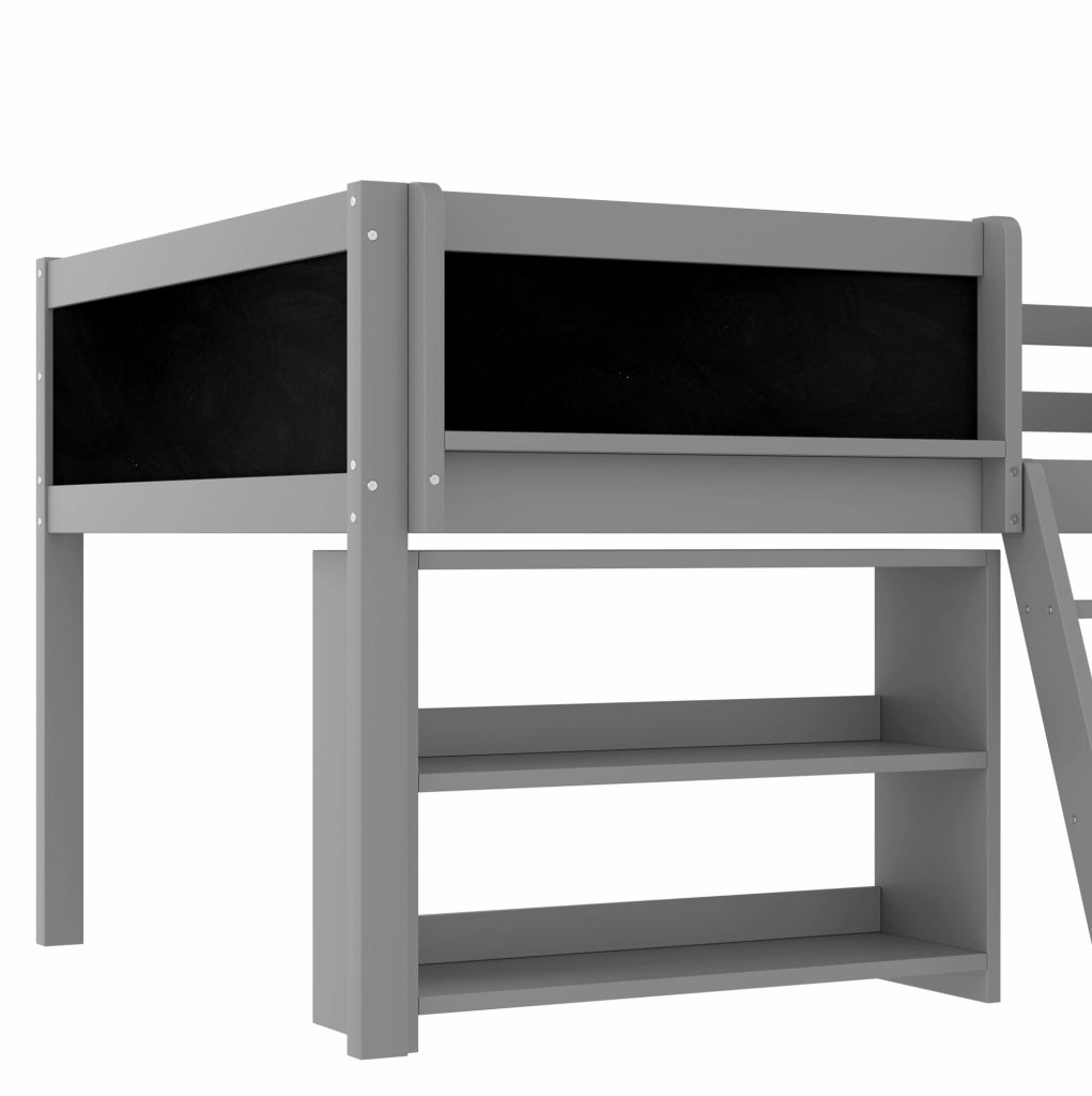 Letto semi-alto 90x200 cm con scaffali, lavagna, scala e sponde grigio