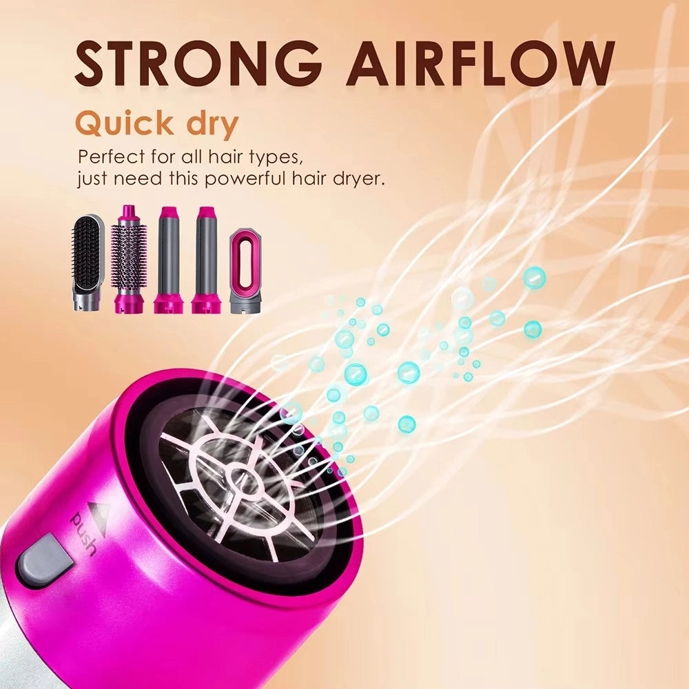 Trade Shop - Asciugacapelli 5 In 1 Set Spazzole Capelli Pettine Ad Aria Calda Arricciacapelli -