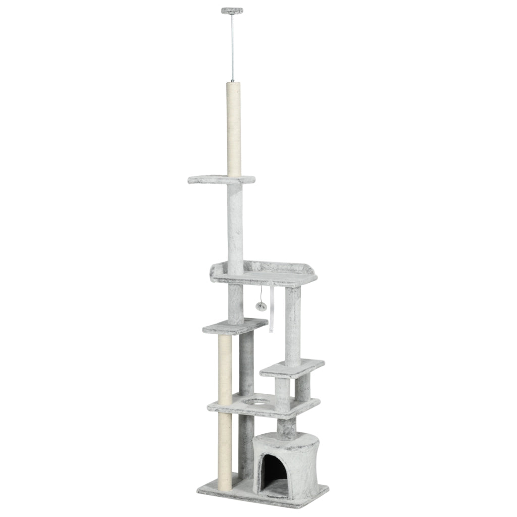 EasyComfort Albero Tiragraffi per Gatti a Soffitto con Piattaforme e Casetta, 60x40x225-255cm, Grigio
