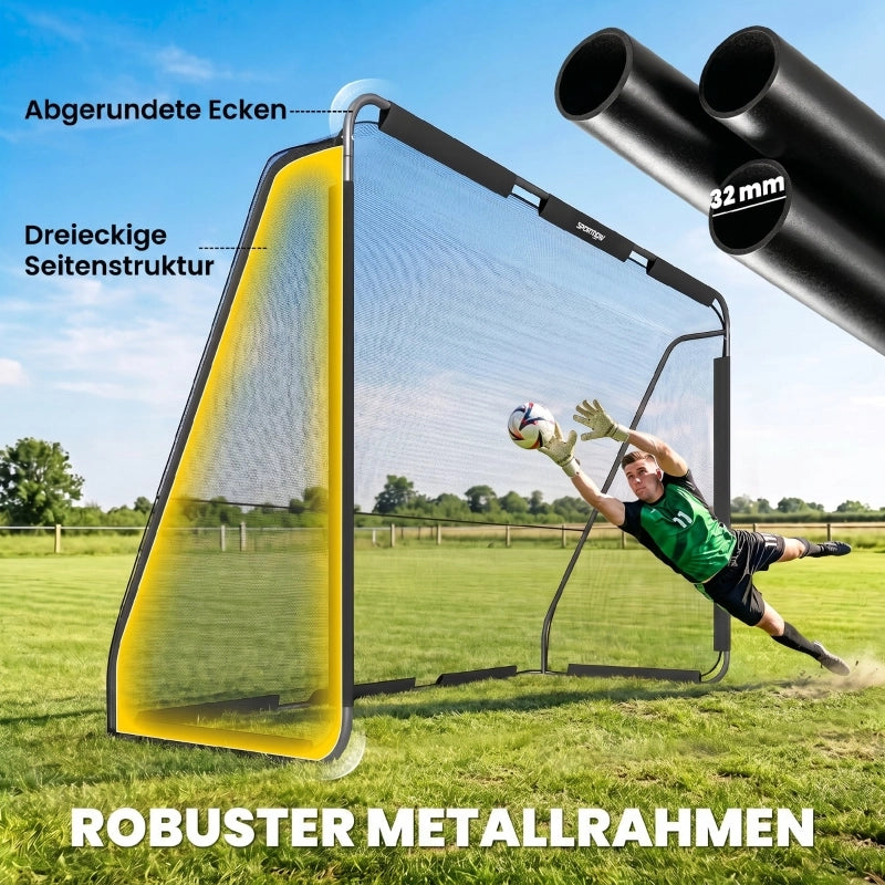 Porta da calcio da giardino con struttura triangolare e rete fitta resistente in metallo nero per allenamento