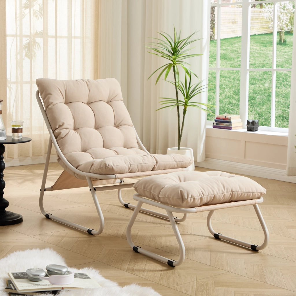 Sedia da patio esterna con pouf poltrona reclinabile comoda con cuscino e gambe perfetta per soggiorno camera da letto sala lettura telaio beige con cuscino beige