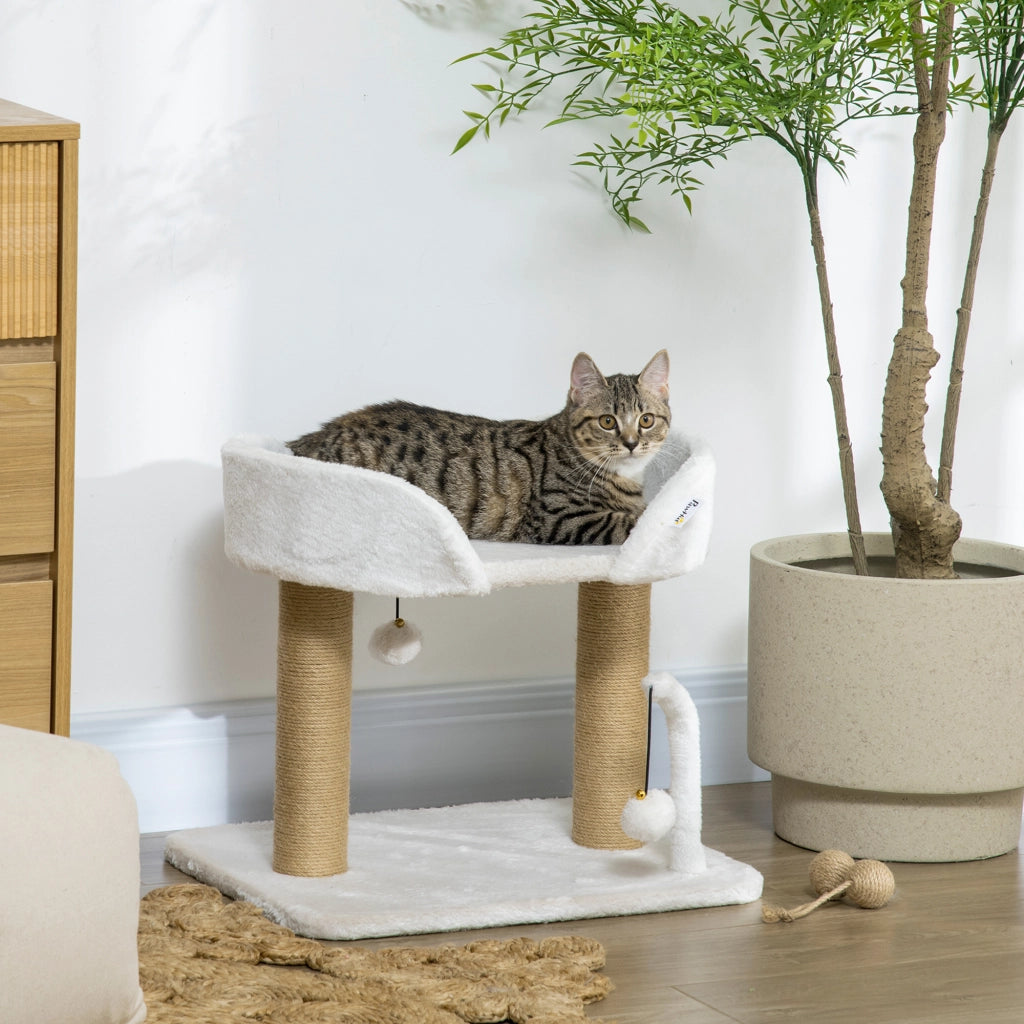 EasyComfort Torre per Gatti max 5kg in Truciolato con Tiragraffi e Palline Giocattolo, 48x38x42 cm, Giallo e Bianco