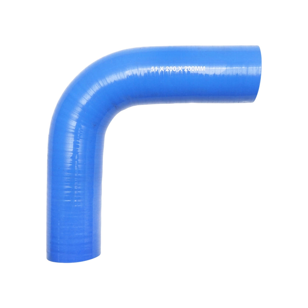 Tubo curvato in silicone a 90 gradi con inserto in tessuto, dimensioni 51x200x200 mm.
