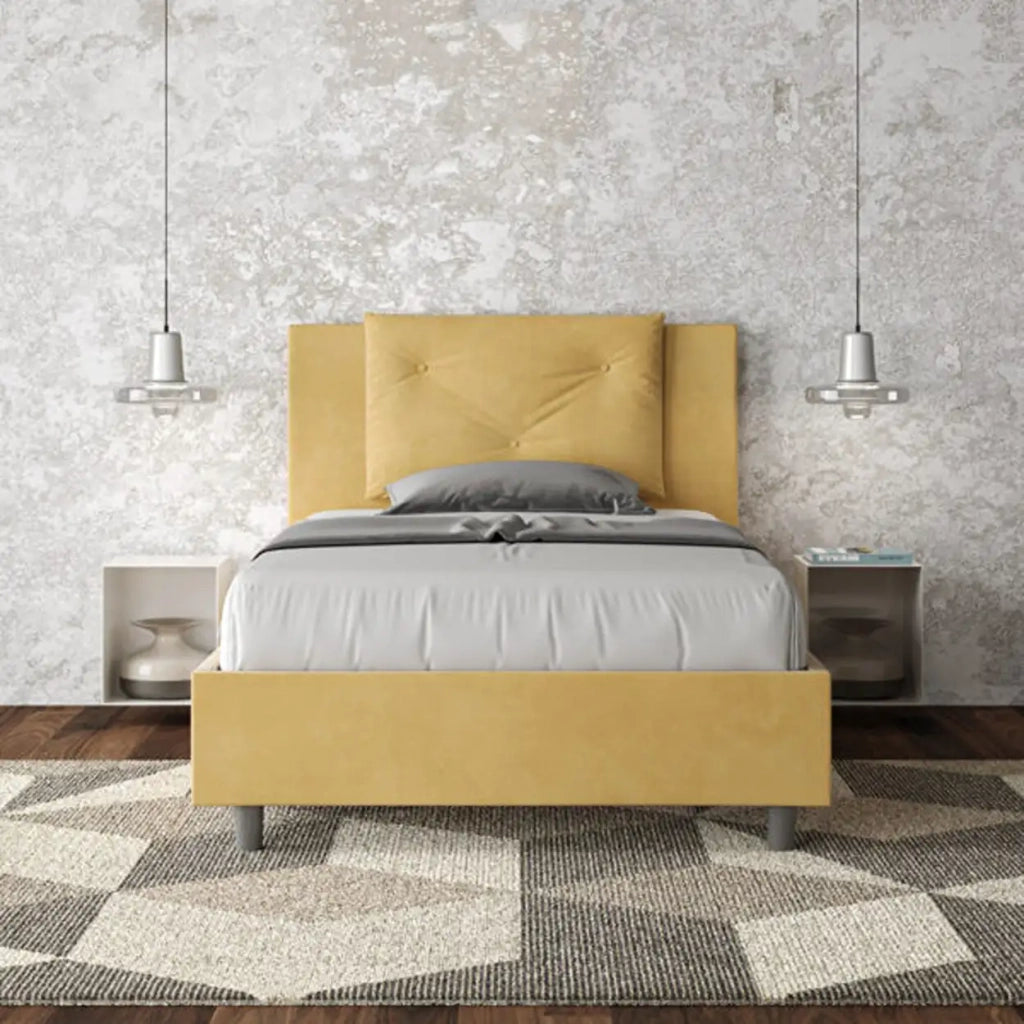 Letto una piazza e mezza contenitore imbottito 120x210 microfibra ocra Appia