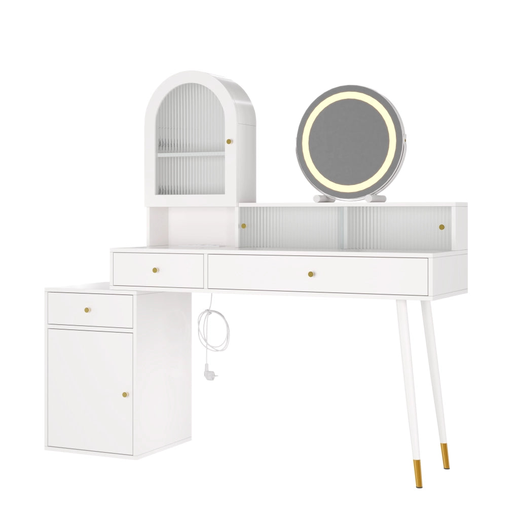 Tavolo da trucco moderno con specchio LED, 3 temperature di luce, prese USB e Type-C, 3 cassetti e ampio spazio contenitivo, bianco, 140 x 40 x 140 cm
