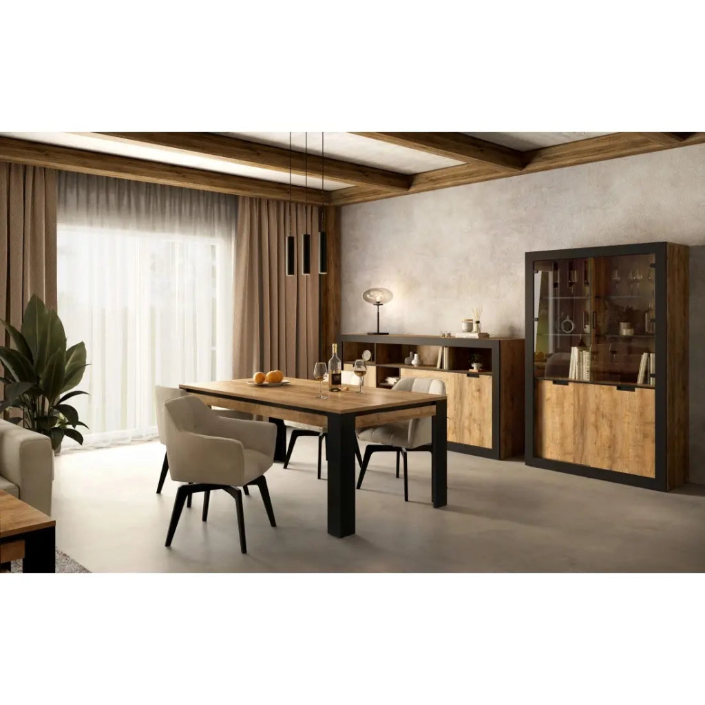 Pack sala da pranzo MEUNIER – Vetrina, buffet alto & tavolo 8 pers. Rovere Samdal & nero opaco