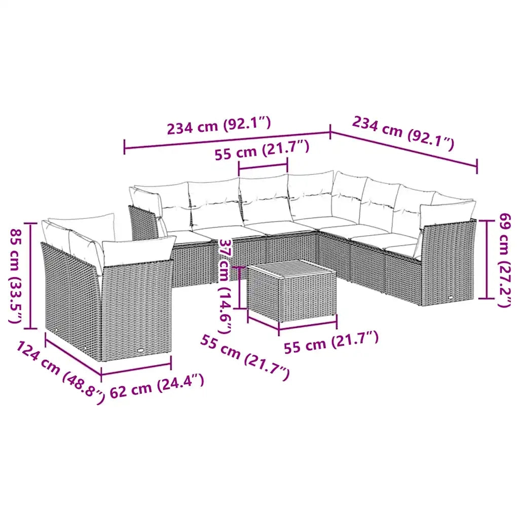 Set Divani da Giardino 10 pz con Cuscini in Polyrattan Grigio 3256047