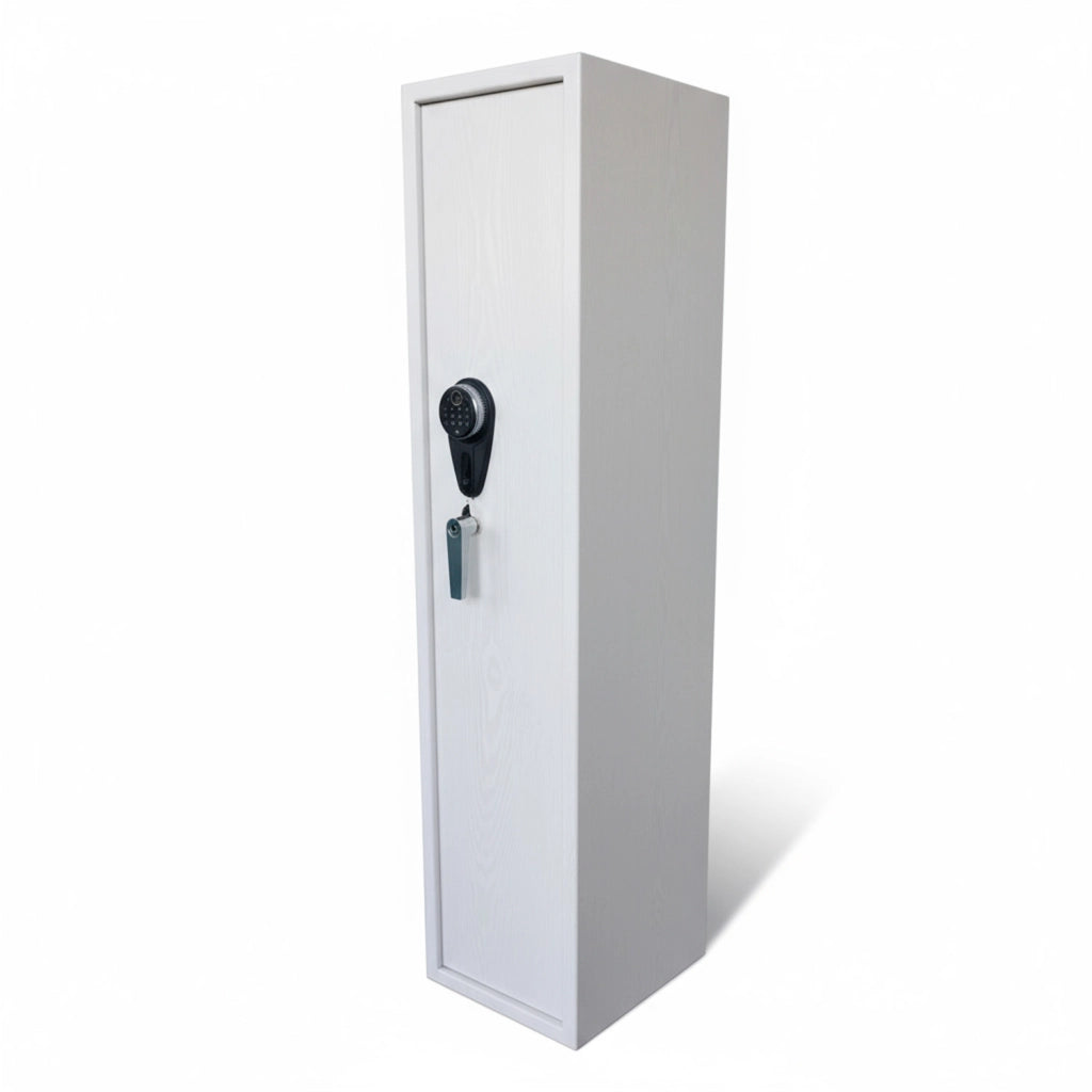 Armadio Blindato Portafucili In Acciaio Per Armi Con Tesoretto Serratura Digitale E Chiave Tasca Porta Oggetti Cassaforte Sicura 145 X 25 X 20 Cm 2 Posti Bianco Frassinato