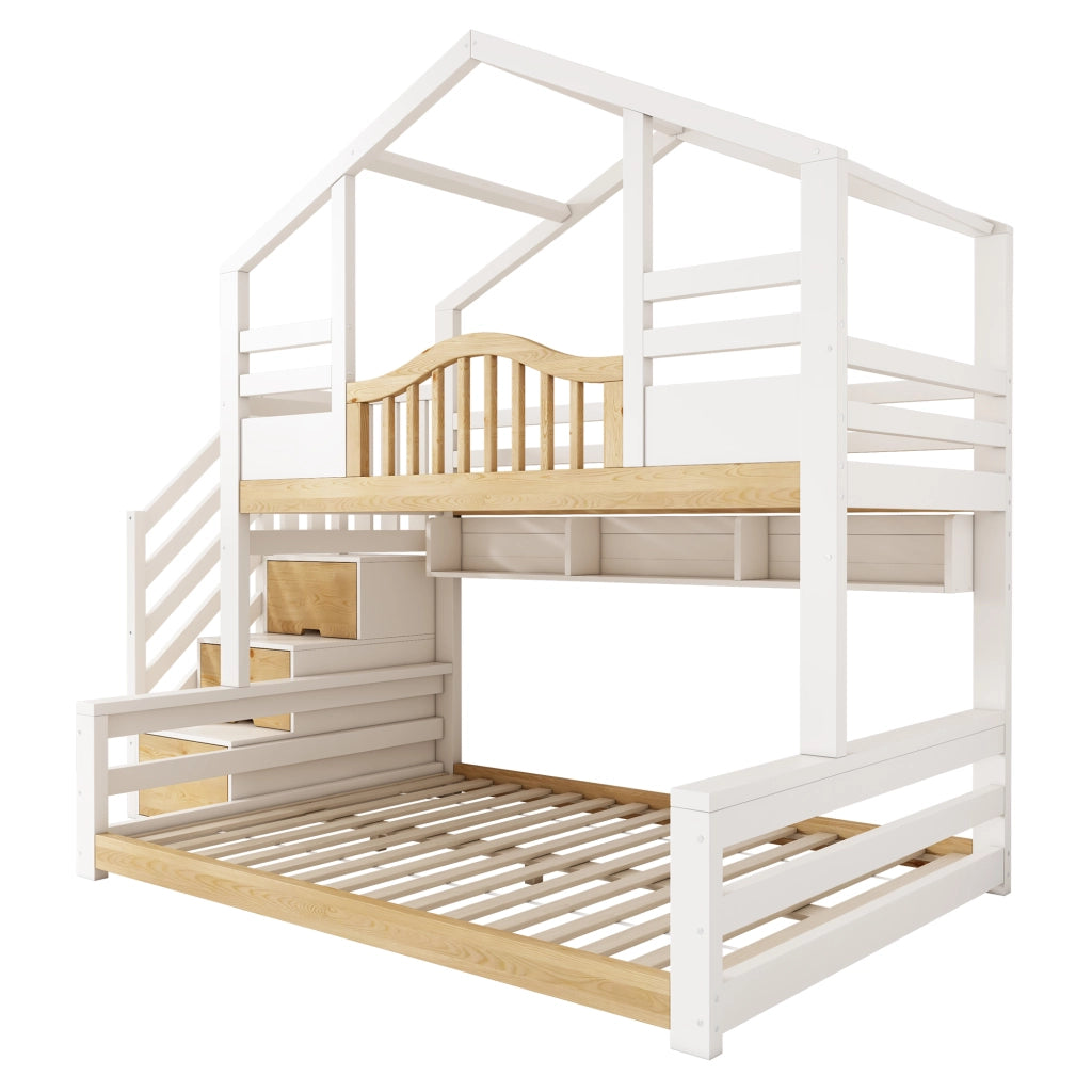 Letto a castello per bambini 90×200 cm e 140×200 cm con scaletta contenitore; ripiani e rete; senza materasso