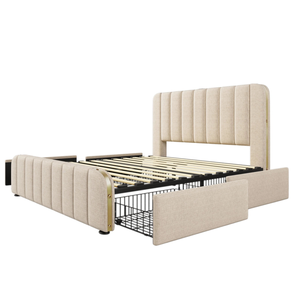 Letto matrimoniale imbottito 140x190 cm con 4 cassetti e porte USB/Type-C