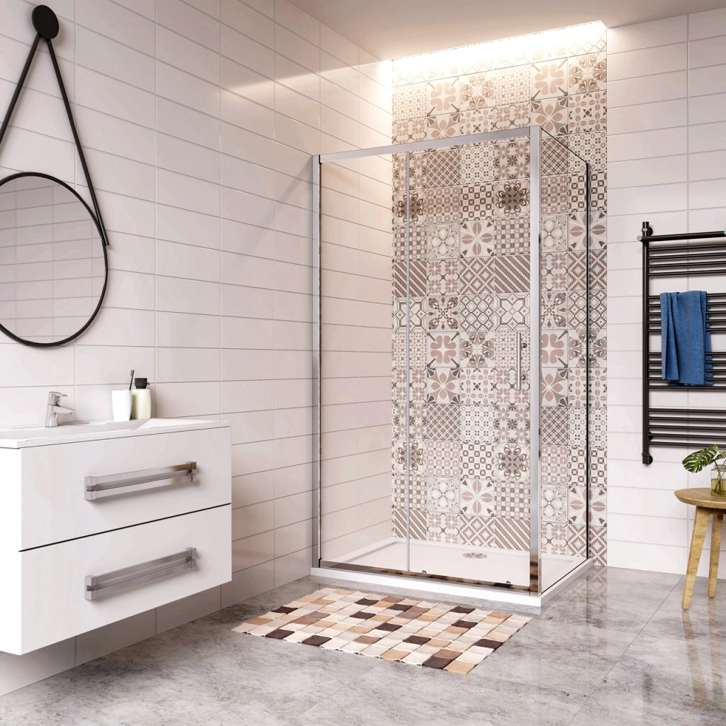 185 cm Box Doccia Angolare Porta Scorrevole con Parete Fissa Vetro Temperato 5 mm Trasparente Telaio Cromato Lucido 125x90 cm