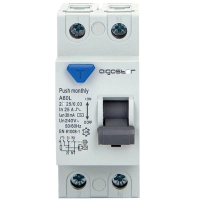 INTERRUTTORE DIFFERENZIALE PURO AIGOSTAR  2P VOLT 230 A 25 KA 6,0 MA 30 BIPOLARE