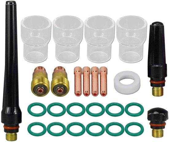 Set di accessori per TIG 26 pezzi - Lente gas isolata #12 - Manico di sostegno per TIG 2,4 mm - Copertura posteriore per WP-17/18/26 - Gomme O resistenti al calore - Conforme a Lincoln/Miller - Apparecchio per saldatura TIG