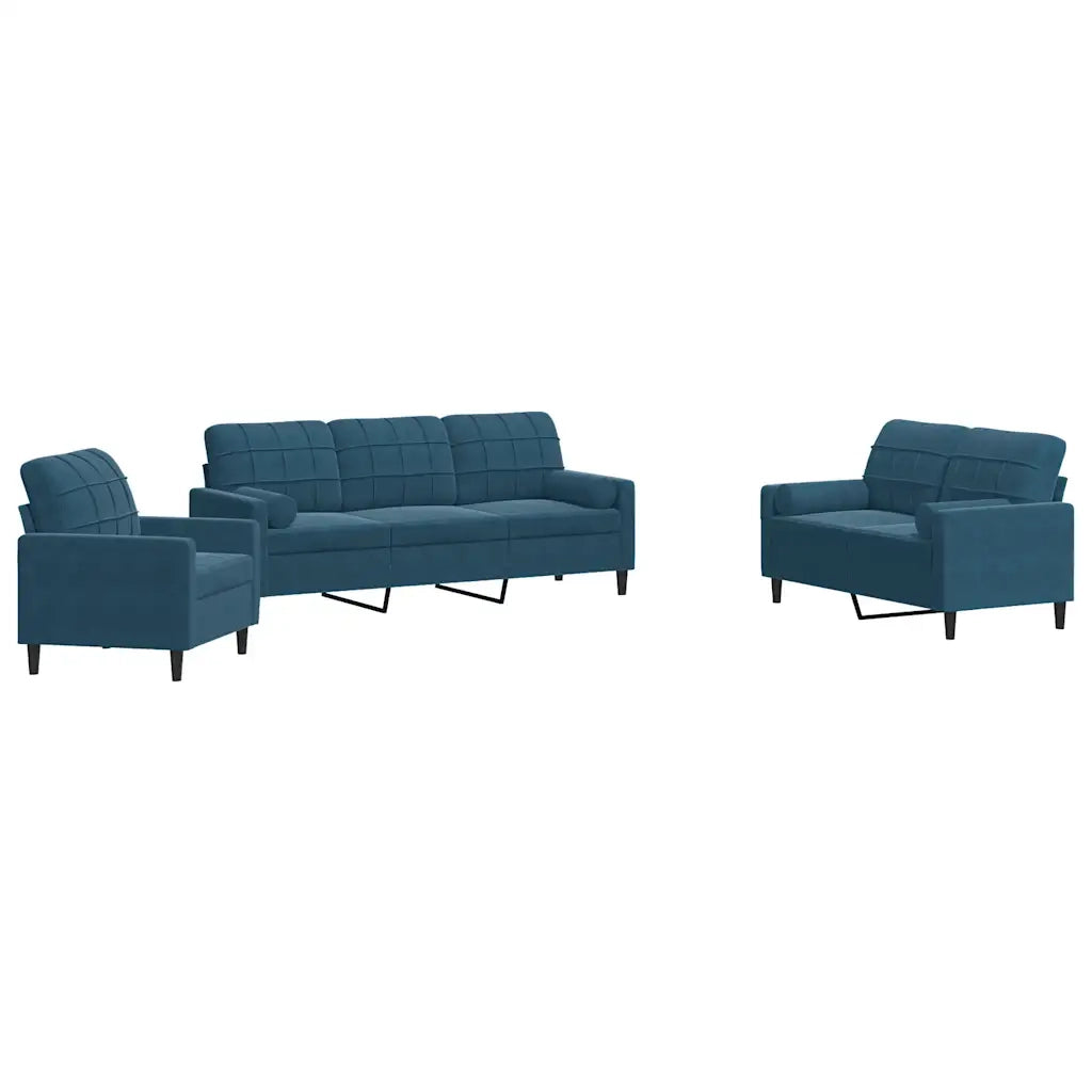 Set di Divani 3 pz con Cuscini e Rinforzi Blu in Velluto 3278380
