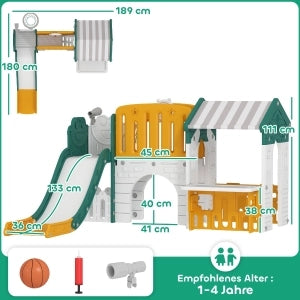 SCIVOLO Parco Giochi 7 in 1 con Casetta e Canestro in Plastica Gialla