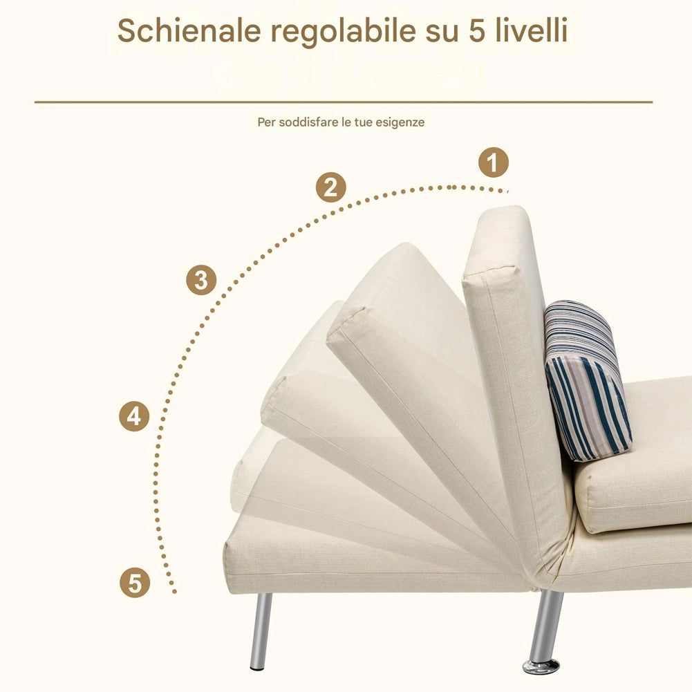 Poltrona Divano Letto 1 Posto Singolo in Ferro e Tessuto Reclinabile 75x73 Crema