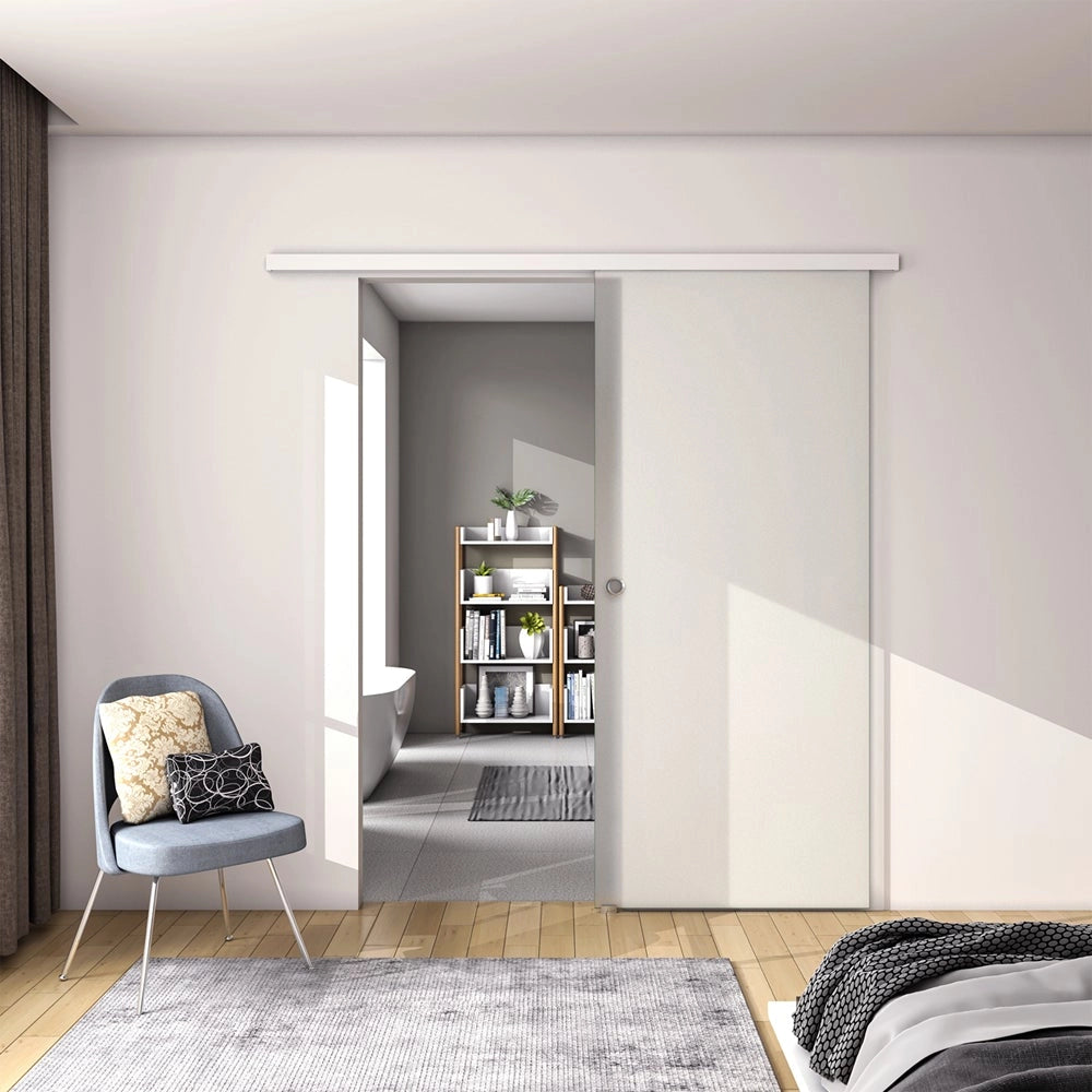 95x225 cm Porta Scorrevole in Vetro da 8 mm Temperato Opaco con Pellicola Anti-frantumi con Binario in Alluminio Bianco Verniciato