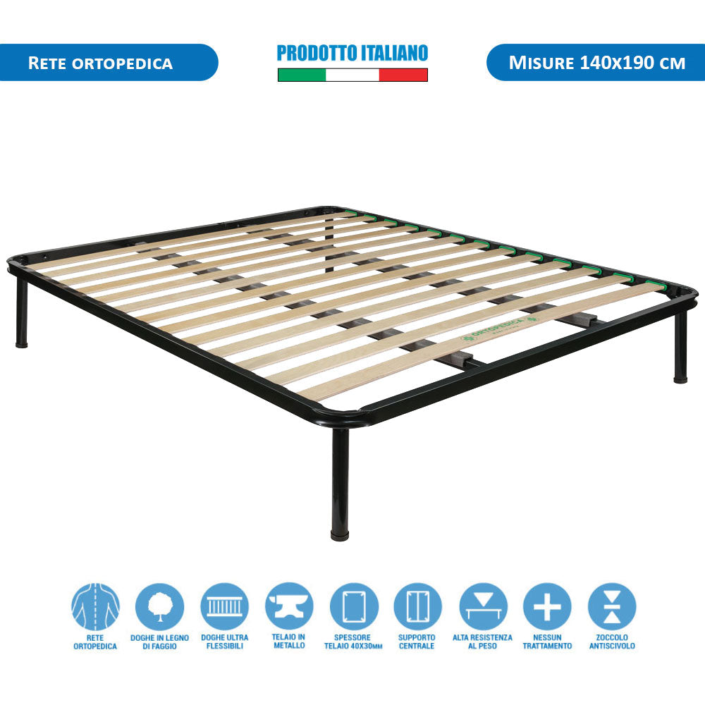 Rete letto una piazza e mezza queen ortopedica 140x190 in metallo con doghe flessibili in faggio - Comprarredo
