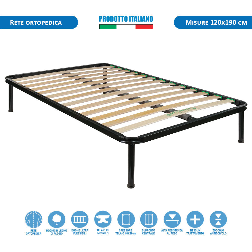 Rete letto una piazza e mezza ortopedica 120x190 in metallo, doghe flessibili in faggio e barra rinforzo - Comprarredo